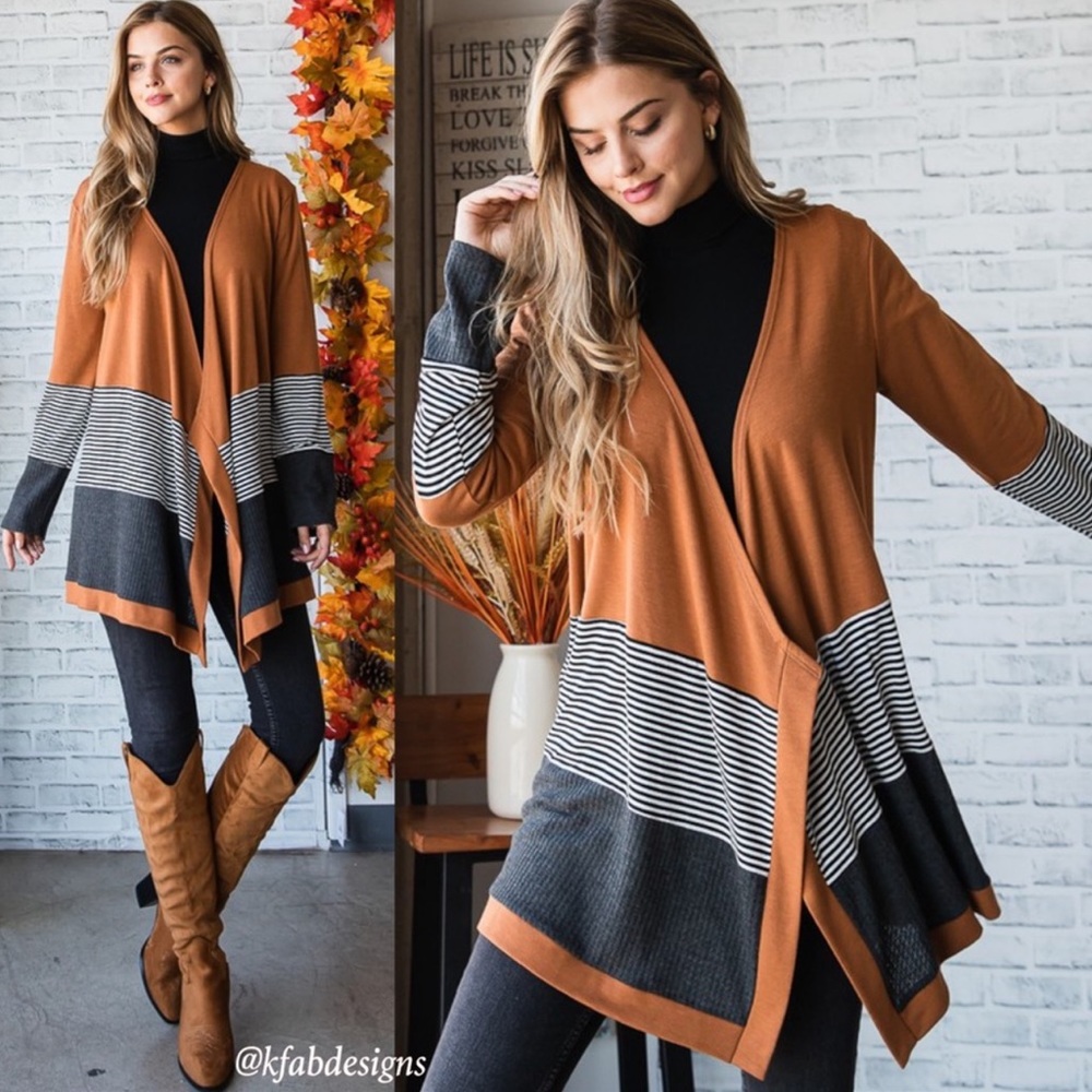 B41W🤎🖤New! Gorgeous tobacco+ black open front cardigan w/black+gray accents!